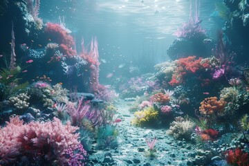 Fototapeta na wymiar Underwater realm reborn through cyber magic ethereal creatures swim alongside nano enhanced corals a nexus of biodiversity