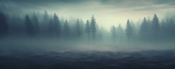 Majestic Misty Woods at Dawn: A Tranquil and Mysterious Scene. Concept Nature Photography, Misty Landscapes, Dawn Scenes