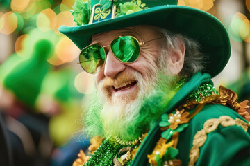 Cool old man, leprechaun with sunglasses on Saint Patrick´s Day - 740750965