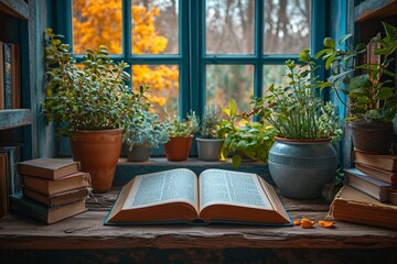 An opened book lies on a rustic wooden table by a sunlit window in a rural house, surrounded by various potted plants.