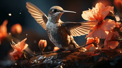 Fotobehang photography shot of a hummingbird sipping nectar © Surasri