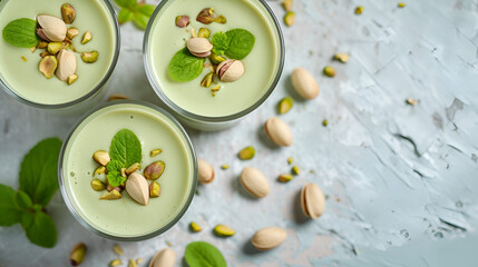 "Dairy-free, plant-derived pistachio milk with smooth flavor being poured from container into glass on white wooden surface accompanied by nuts for a nutritious breakfast ,generative  ai 