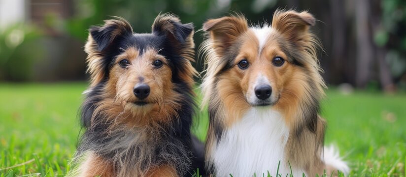 Two adorable dogs enjoying the bright sunny day, sitting peacefully in the lush green grass