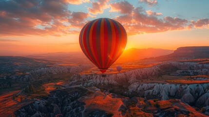 Aerial view amazing sunrise landscape in Cappadocia with colorful hot air balloon fly in sky over deep canyons