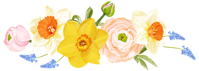 Spring bouquet with pink ranunculus, narcissus and blue hyacinth. - obrazy, fototapety, plakaty