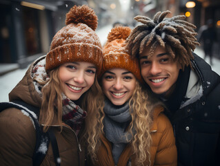 Happy and Cheerful Multiracial Friends Enjoying Winter Outside
