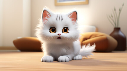 cartoon cute white  kitten in the living room background 