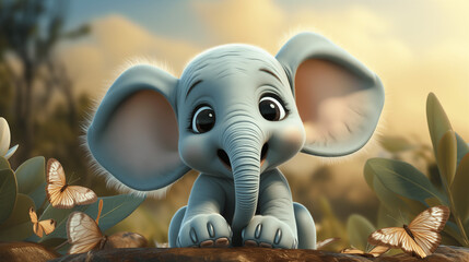 3d cartoon cute baby elephant in the jungle 