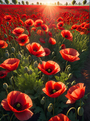Morning Glow: Field of Red Poppies Bathed in Sunlight, A Picturesque Spectacle. generative AI