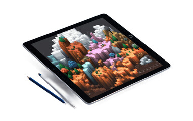 Tablet With Pen on Top. A tablet device with a pen resting on its surface, ready for use. on White or PNG Transparent Background.