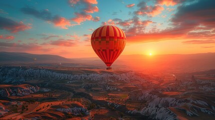 Landscape sunrise with hot air balloons fly over deep canyons, valleys Cappadocia - obrazy, fototapety, plakaty