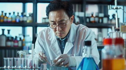 middle aged Korean man wearing lab coat doing experiments 