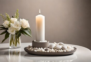 a white rose in a vase and a lit candle beside it.
