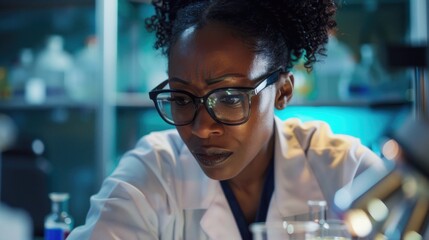 middle aged African American woman wearing lab coat doing experiments  - obrazy, fototapety, plakaty