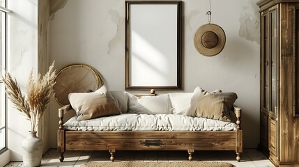 A mockup poster blank frame hanging on a vintage hutch, above a luxurious daybed, sunroom, Scandinavian style interior design