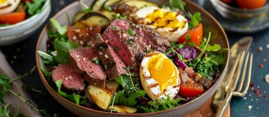 Delicious steak salad with poached egg, ripe tomato, and fresh arugula leaves - obrazy, fototapety, plakaty