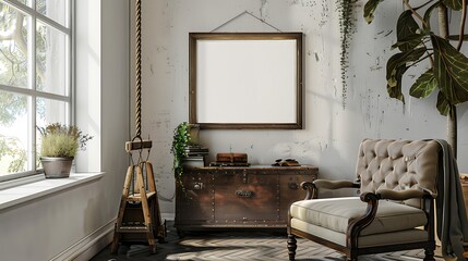 A mockup poster blank frame hanging on an antique chest, above a chic ottoman, home office, Scandinavian style interior design