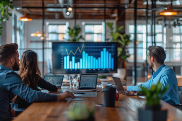 Business team meeting in modern room Analyze graphs on screens and laptops. AI Generated