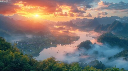 Aerial view of Guilin mountain landscape at sunrise with low clouds over the valley and fog