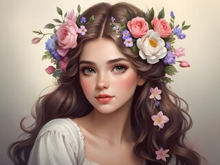 Fototapeta premium Beautiful portrait of a girl with flowers in her hair. 