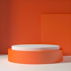 backdrop a round orange podium with a white surface