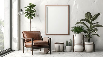 A mockup poster blank frame in a Scandinavian-inspired interior, above a leather armchair, surrounded by stacked ceramic planters, in light and airy pastels