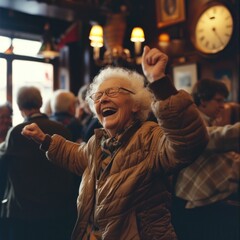 Fototapeta premium Street style photo of cheerful active old woman is dancing and having fun in pub