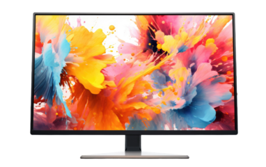 Colorful Paint Splattered on Computer Monitor. A computer monitor covered in vibrant and colorful paint splatters, creating a dynamic and artistic display. on White or PNG Transparent Background.