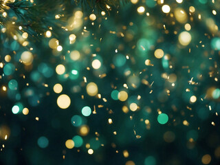 Abstract background with Christmas Golden light shiny sequence bokeh flowing through air on a dark green background Festive Holiday concept