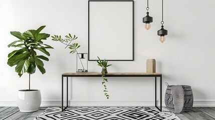 A mockup poster blank frame hanging on a minimalist console table, next to a geometric rug, with a minimalist lamp for lighting, in black and white accents