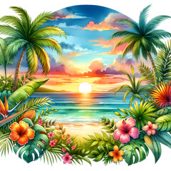 Fototapeta na wymiar Tropical Beach Sunset Flowers Illustration 