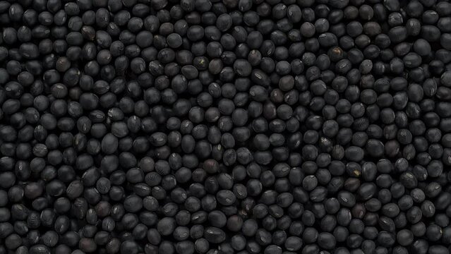 Black soybean as an abstract food pattern. Uncooked dry roasted beans to destroy trypsin inhibitors. Spinning around the center point.