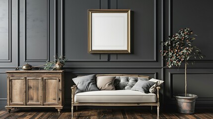 A mockup poster blank frame hanging on an antique chest, above a sleek settee, reading nook, Scandinavian style interior design