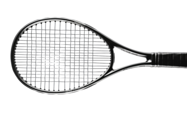 A Black and White Photo of a Tennis Racket. This photo captures a black and white image of a tennis racket. on White or PNG Transparent Background.