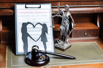 A prenuptial agreement with a silhouette of a couple on a clipboard, with the statue of justice in...