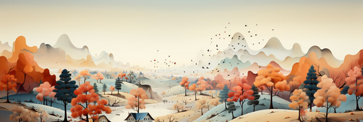 beautiful wide mountain and trees landscape cover cartoon illustration background banner with evening sun dusk and birds flying over the bare land  
