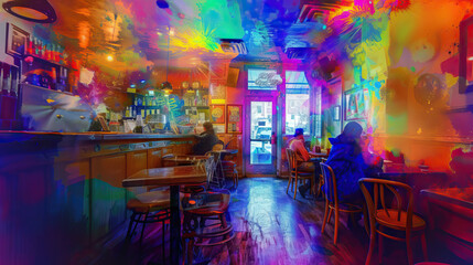 Parallel Universe Cafe: Surreal Painting. Cafe with Customers from Parallel Universes. Blurring...