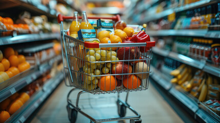 Shopping cart overflows with a variety of fresh vegetables in a bustling grocery store, organic produce and packaged goods, nutrition, shopping, cooking, fresh produce, dietary wellness in supermarket - obrazy, fototapety, plakaty