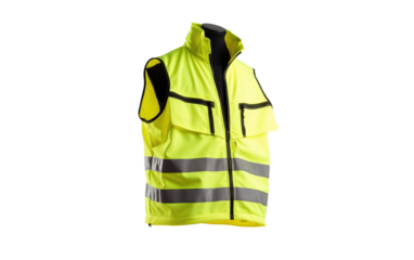 Yellow Safety Vest. A photograph showcasing a yellow safety vest highlighting its visibility and importance in hazardous environments. on White or PNG Transparent Background.