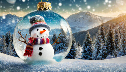 Obraz premium Close-up of a happy snowman with hat and woolen scarf in a transparent glass Christmas bauble. In a winter mountain landscape. Template for a Christmas or New Year greeting card. Generative Ai.