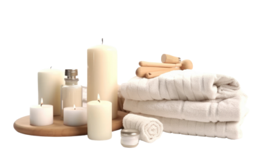 A Pile of White Towels Sitting on Top of a Table. A neat stack of white towels placed on a table, ready for use or display. on White or PNG Transparent Background.