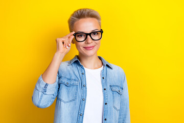 Photo portrait of pretty young girl touch specs confident manager dressed stylish denim outfit...