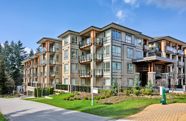 New apartment building on sunny day in British Columbia, Canada