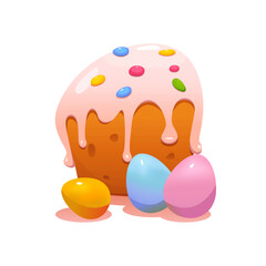 Paska, Easter bread with Eggs. Traditional Ukrainian Easter Cake. Vector Illustration in Cartoon Style.