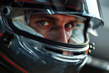 Close up of a racer wearing helmet during day race competition. Generative AI