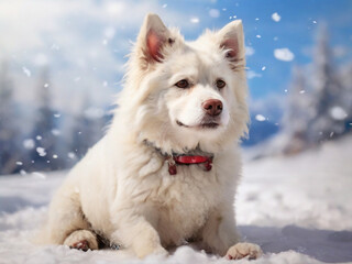 GENERATIVE AI, White snow dog with beautiful snow background