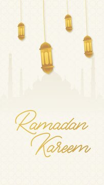Ramadan Kareem greeting design islamic animated text and lantern with mosque islamic pattern background for social media post