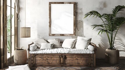 A mockup poster blank frame hanging on a rustic chest, above a luxurious daybed, sunroom, Scandinavian style interior design - obrazy, fototapety, plakaty