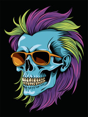 Illustration of a skull in sunglasses with green and purple hair . T-Shirt Logo Design Isolated Vector Illustration