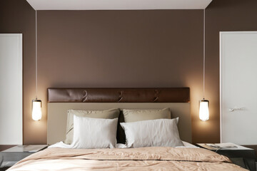 interior design of a bedroom, luxury hotel room, elegant bed